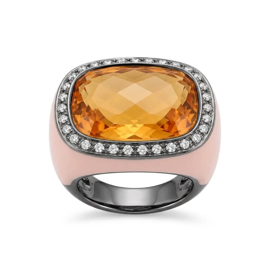 Orange Quartz & Cubic Zirconia Ring in Sterling Silver