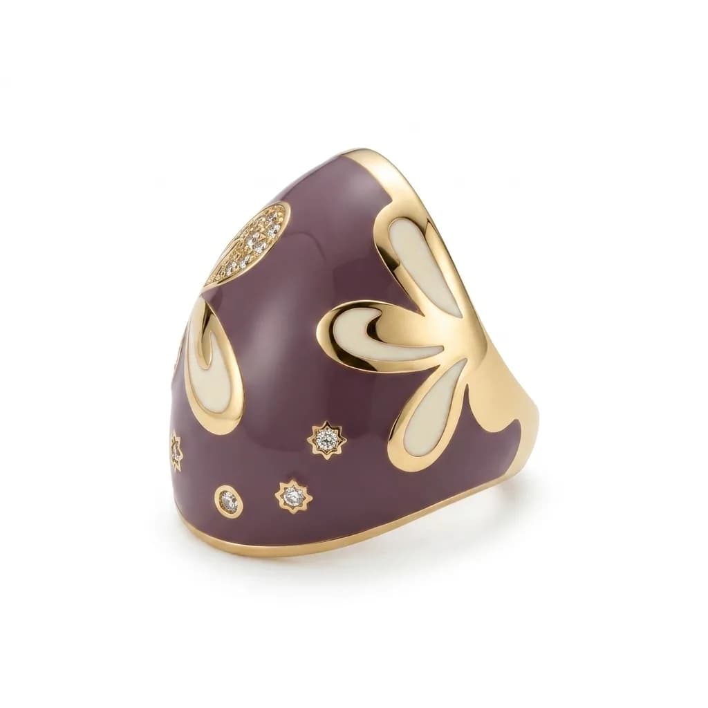 Purple Enamel Flower & Cubic Zirconia Ring in Sterling Silver